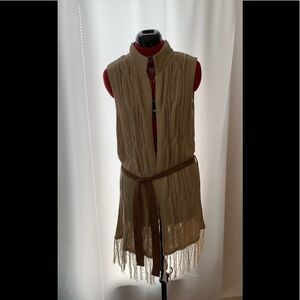 Cato boho fringed long open front vest with faux suede belt.